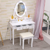Garvee Tocador Contemporáneo Con Espejo Ovalado, Luces LED, 5 Cajones, Taburete Para Dormitorio Mujer Niños, MDF Y Madera De Pino - Blanco