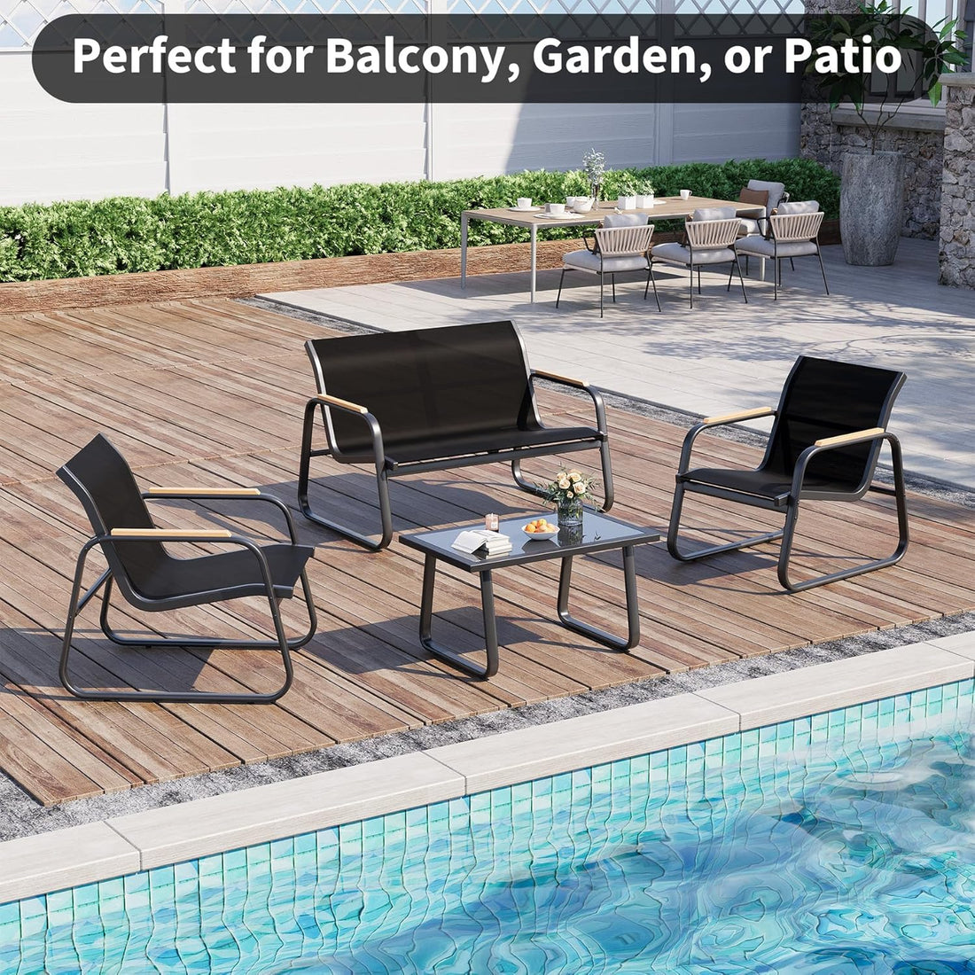 Garvee Set De Muebles De Jardín 4 Piezas Textilene Con Mesa De Vidrio Y Sofá, Acero Resistente, Brazos En Madera, Para Exterior, Balcón Y Jardín, Negro