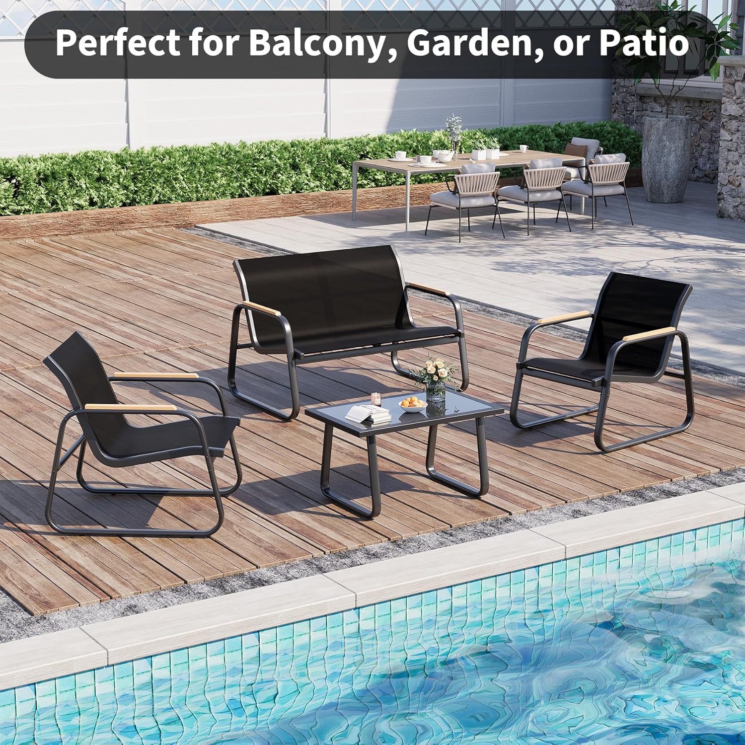 Garvee Set De Muebles De Jardín 4 Piezas Textilene Con Mesa De Vidrio Y Sofá, Acero Resistente, Brazos En Madera, Para Exterior, Balcón Y Jardín, Negro