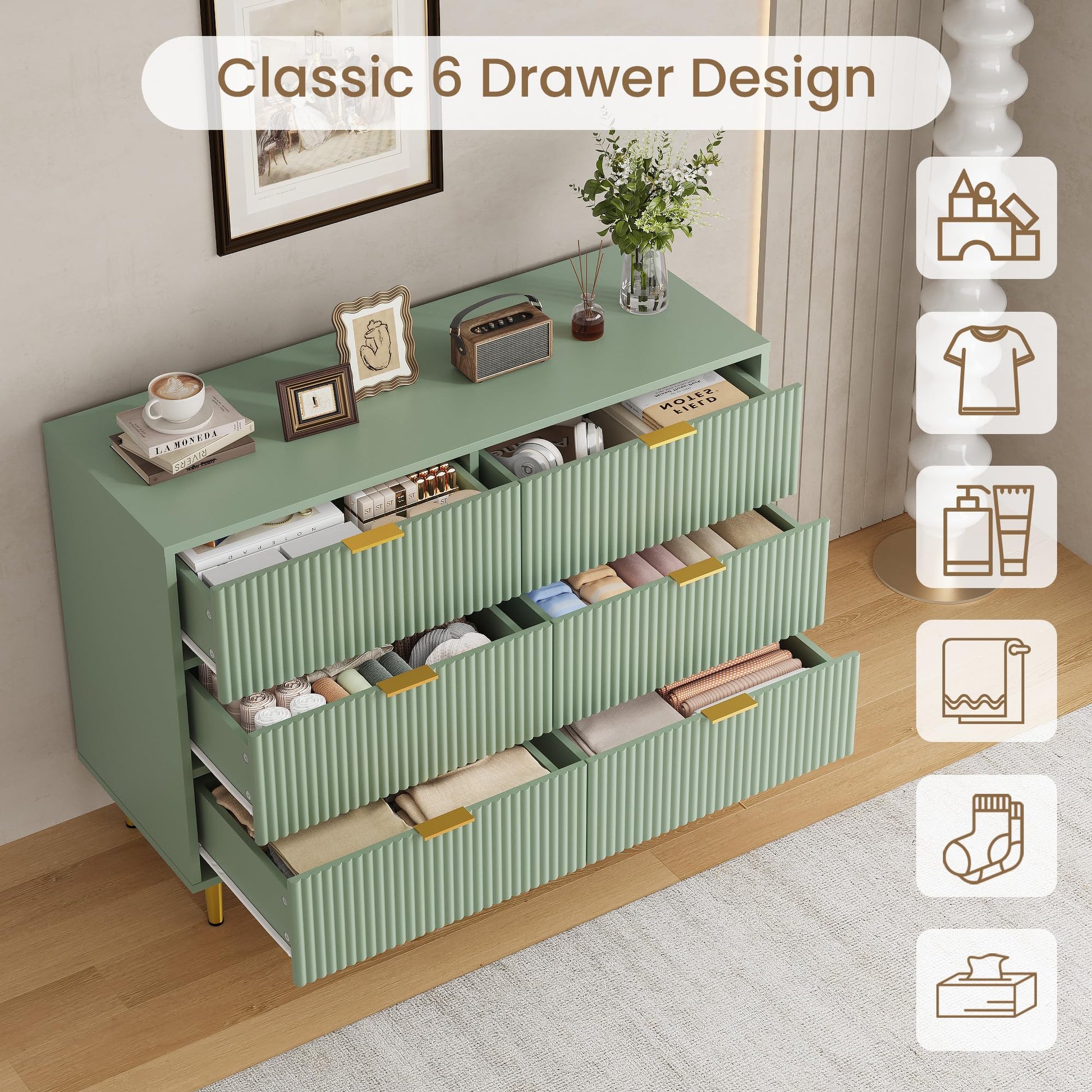 Klassisches Design mit sechs Schubladen für maximale Aufbewahrung