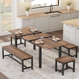 Garvee Conjunto de Comedor Extensible para 4-8 Personas con Bancos y Taburetes, MDF y Metal, Diseño Seguro y Resistente para Espacios Pequeños, 63'' - Nogal
