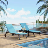 Garvee Sillas Lounge de Exterior con Ruedas y Respaldo Ajustable, Textilene con Espuma, Juego de 3 con Mesa Auxiliar para Patio y Piscina, Marco Metálico, Negro - Azul
