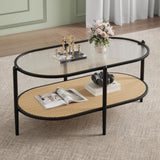 Garvee Mesa de Café Ovalada de 97 cm con Vidrio y Rattan, Estructura Metálica Resistente, 2 Niveles de Almacenaje para Sala y Oficina, 89×51 cm, Diseño Moderno - Negro