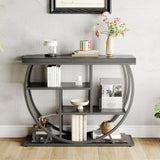 Garvee Mesa De Entrada Industrial Con 4 Estantes, Base Circular, Madera Y Metal Para Sala Y Pasillo, Compacta Y Elegante - Negro