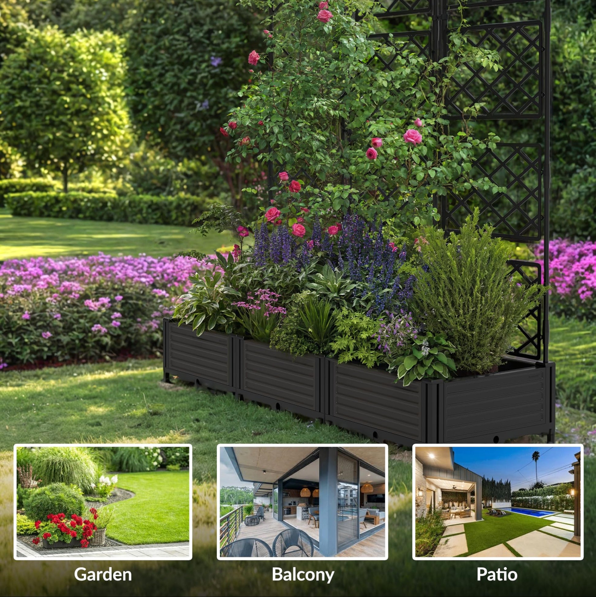 Garvee Jardineras Elevadas con Enrejado 3 Piezas para Patios y Balcones, 41×41 cm Negro, Resistente y Ligero