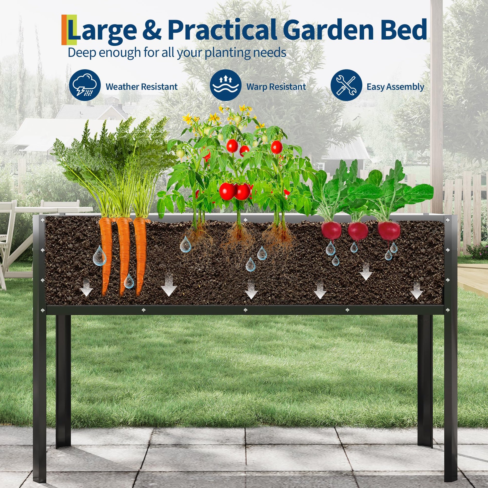 Garvee Huerto Elevado Galvanizado con Sistema de Autorriego y Estructura Reforzada, para Jardín y Patio, Acero Resistente, Modular, Drenaje Ajustable, 81cm, Color Negro