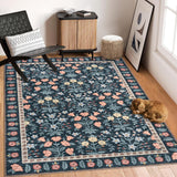 Garvee Alfombra Interior Boho Floral Negro Vintage 160x230cm Antideslizante Fibra Sintética Suave Pila Baja Lavable Sala Cuarto Infantil - Negro