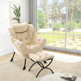 Garvee Sillón Perezoso con Ottoman, Sillón Grande de Acento para Lectura, Piel Sintética Suave, Marco de Acero Resistente, Bolsillo Lateral, para Sala y Dormitorio, Gris - Caqui