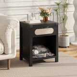 Garvee Mesa De Noche De Ratán Con Cajón Y Estante Abierto Para Dormitorio Y Sala, Diseño Moderno De Mediados De Siglo, Estructura MDF Resistente, Negro, Estilo Boho - Negro