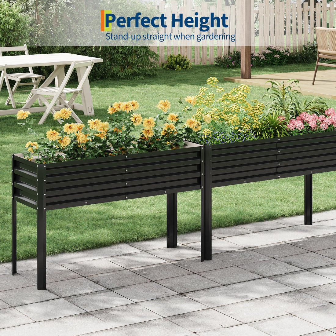 Garvee Huerto Elevado Galvanizado con Sistema de Autorriego y Estructura Reforzada, para Jardín y Patio, Acero Resistente, Modular, Drenaje Ajustable, 81cm, Color Negro