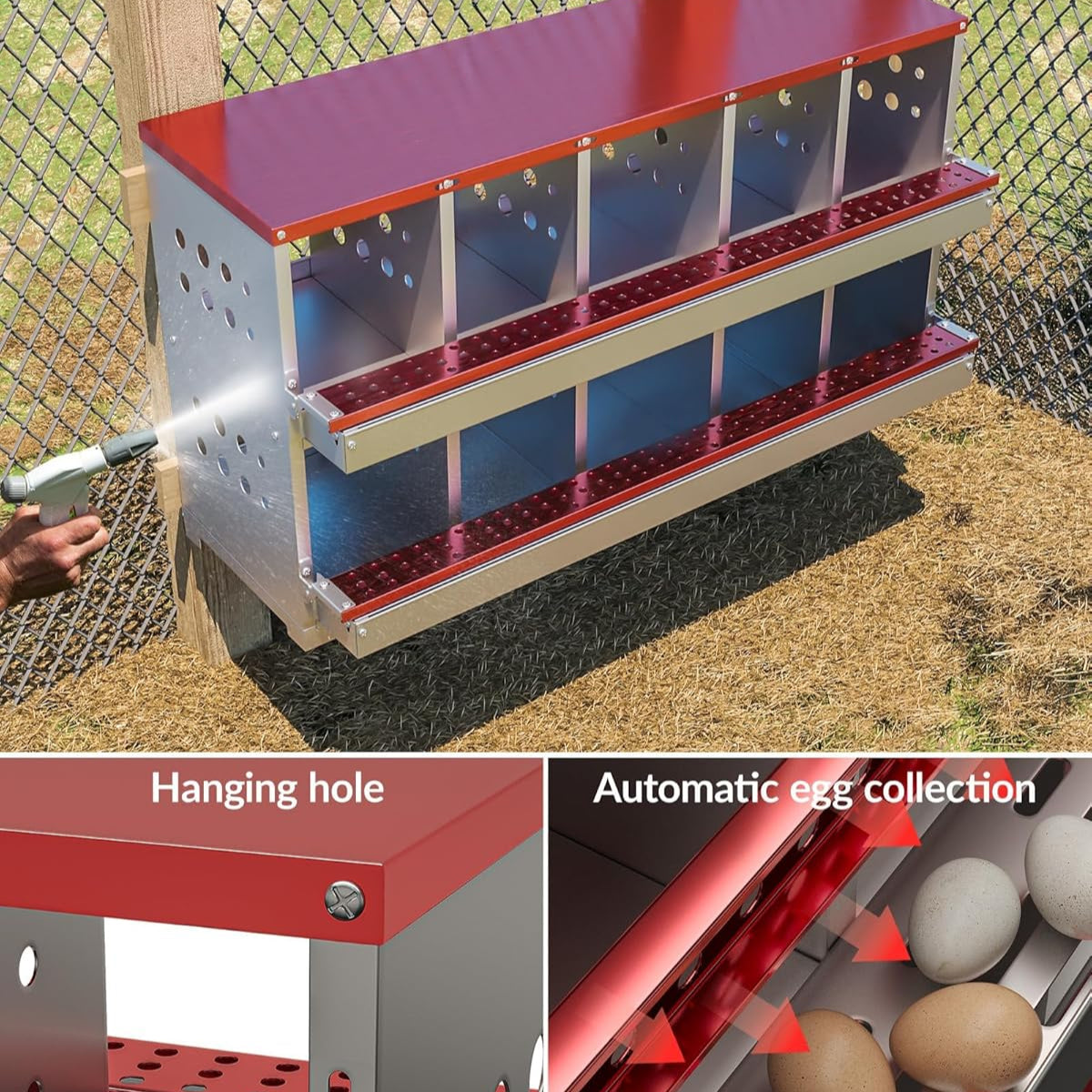 Garvee Caja de Anidación para Gallinas 2 Capas 10 Compartimentos, Acero Galvanizado, Con 10 Huevos Falsos, Antióxido Ventilada, Percha Piso Deslizante, Resistente al Agua, Rojo