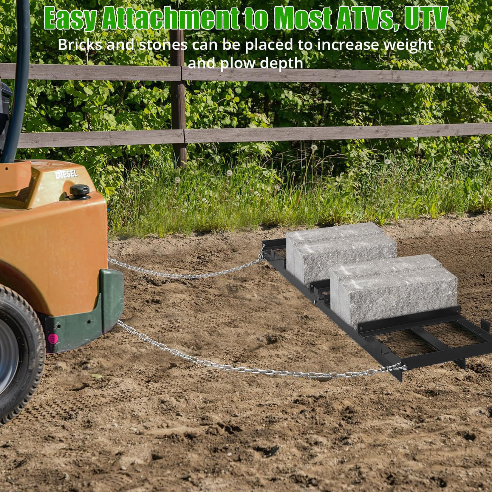 Garvee Rastrillo de Arrastre Cuadrado de Acero y Ángulo de 182x50cm, Nivelador de Césped y Grava, Montaje Sencillo, Empalmable para ATV en Terrenos y Senderos Negro