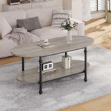 Garvee Mesa de Café Ovalada Moderna Gris con 2 Niveles, Patas de Columna Romana de Metal, Madera Ingeniería, Diseño Industrial para Salón y Oficina - Gris