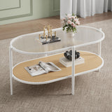 Garvee Mesa de Café Ovalada de Vidrio 97 cm con Marco Metálico y Almacenamiento de 2 Niveles para Sala y Espacios Pequeños Diseño Moderno Ratán Imitación - Blanco