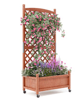 Garvee Caja De Jardín Elevada De Madera Con Enrejado, Drenaje Y Ruedas Bloqueables, Madera De Abeto, Para Balcones Y Jardines, Natural - Marrón