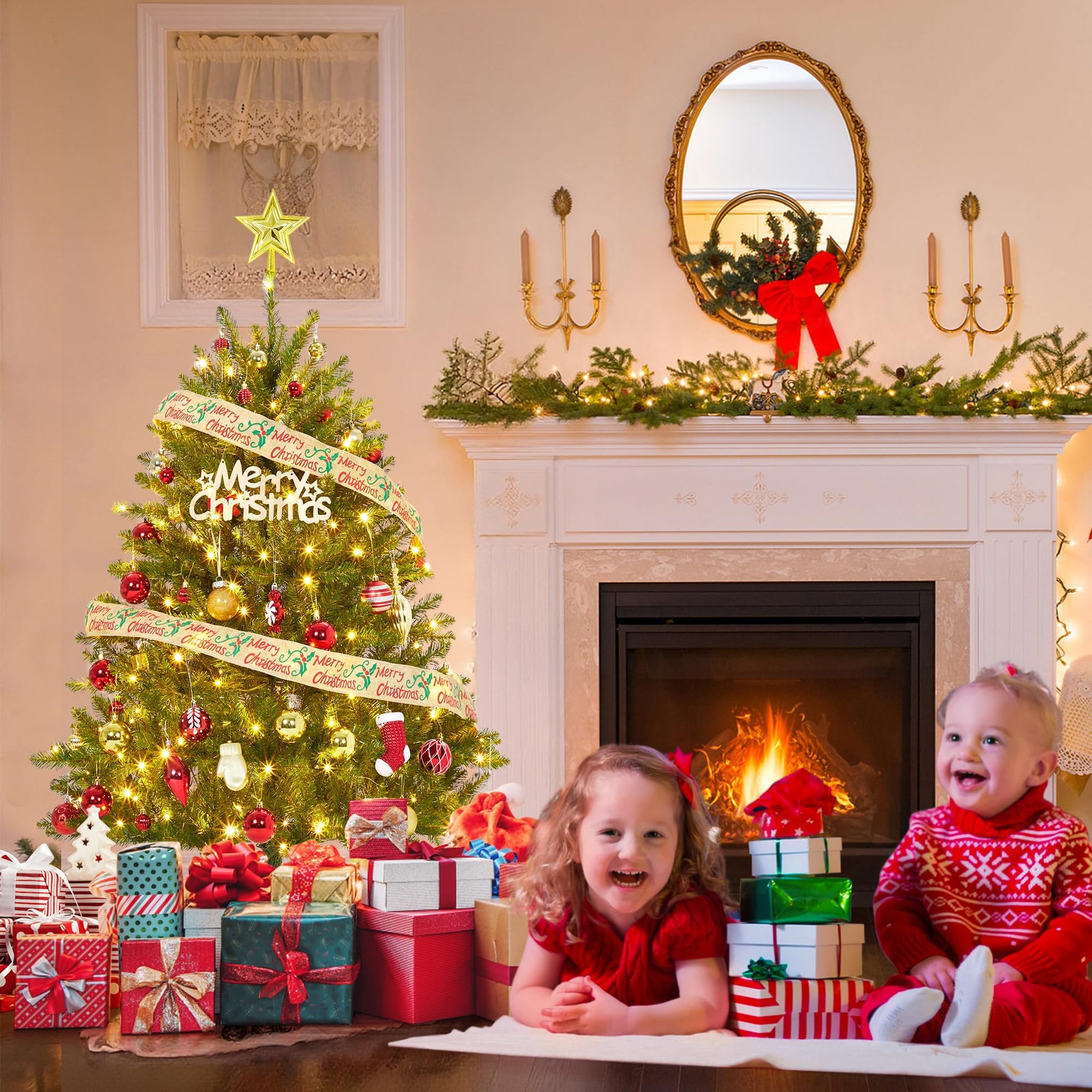 Garvee Árbol de Navidad Artificial con Iluminación LED y Hojas Realistas, Soporte Metálico Estable, 135-270 cm, Decoración para Interior y Exterior, Color Verde