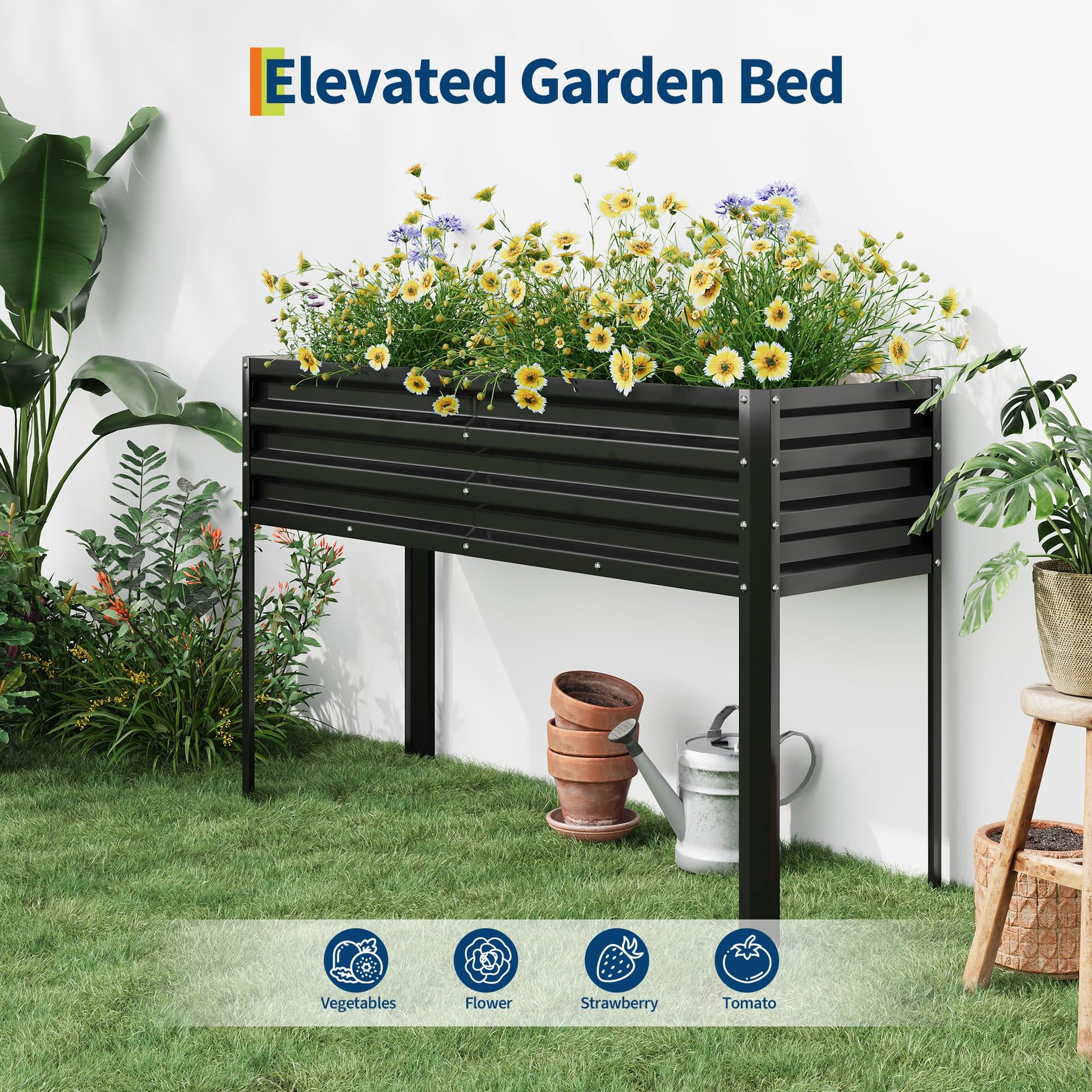 Garvee Huerto Elevado Galvanizado con Sistema de Autorriego y Estructura Reforzada, para Jardín y Patio, Acero Resistente, Modular, Drenaje Ajustable, 81cm, Color Negro
