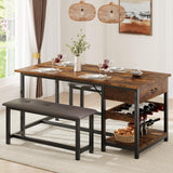 Garvee Conjunto de Mesa de Comedor para 4 con Bancos Tapizados, Almacenamiento y Botellero, MDF y Estructura Metálica, Diseño Vintage, Ideal para Cocina y Apartamento - Vintage