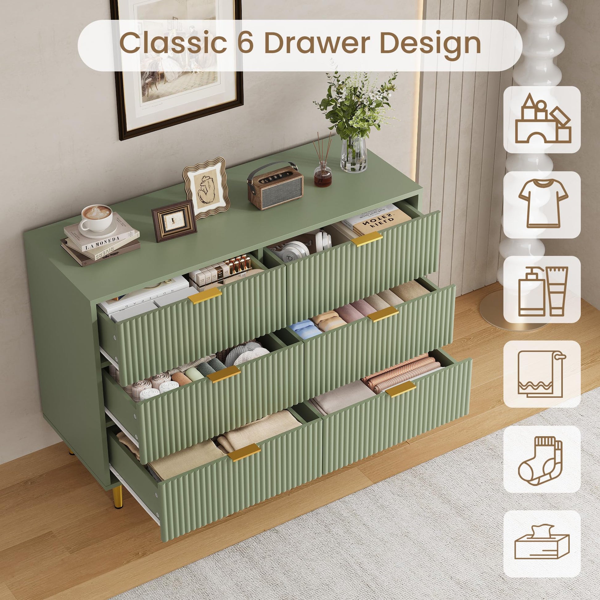 Klassisches Design mit sechs Schubladen für maximale Aufbewahrung