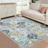 Garvee Alfombra Vintage 120x170cm Azul Amarillo Poliéster Lavable Antideslizante Floral - Azul & Amarillo