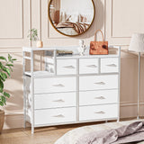 Garvee Kommode con 9 Cajones de Tela con Carga USB y Enchufes, para Dormitorio y Sala, 100x30x86cm, Material Sintético Duradero - Cuero Blanco