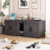 Garvee Mueble para Caja de Arena de Gato 2 Habitaciones con Puerta de Granero, Madera de Nogal, Alfombrilla Antiólor, Almacenaje Integrado para Sala o Dormitorio, 140×45×57 cm - Nogal