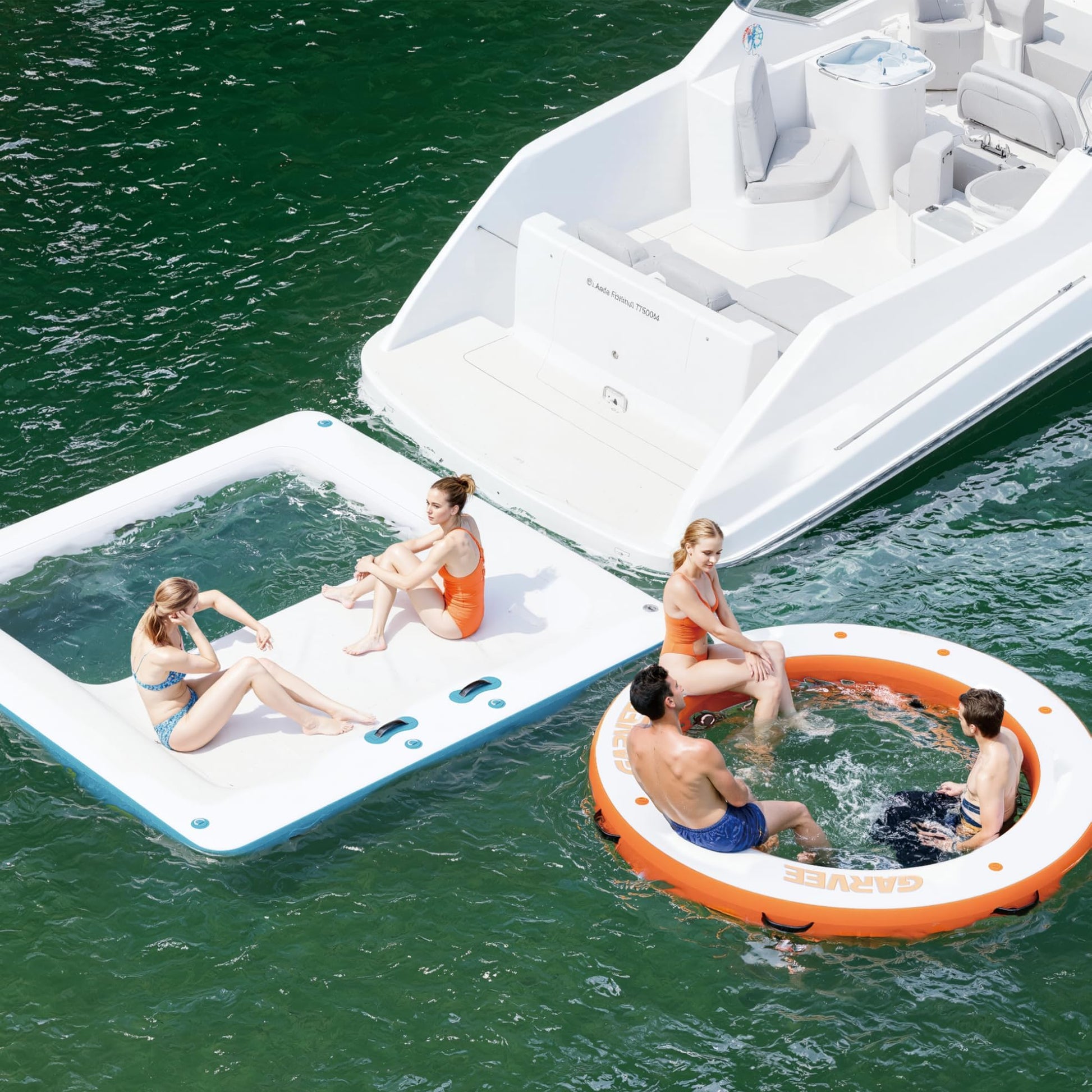 Garvee Hamaca Inflable Acuática Redonda de 244 cm, Plataforma Flotante de PVC Marino de Doble Zona con Malla Central de 183 cm, Escalera Desmontable y Cuerda de Anclaje, Blanco y Naranja
