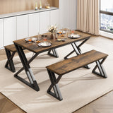 Garvee juego de Mesa de Cocina con Bancos para 4, Mesa 114 cm, Marco Metálico en X, Diseño Vintage, Negro, Compacto