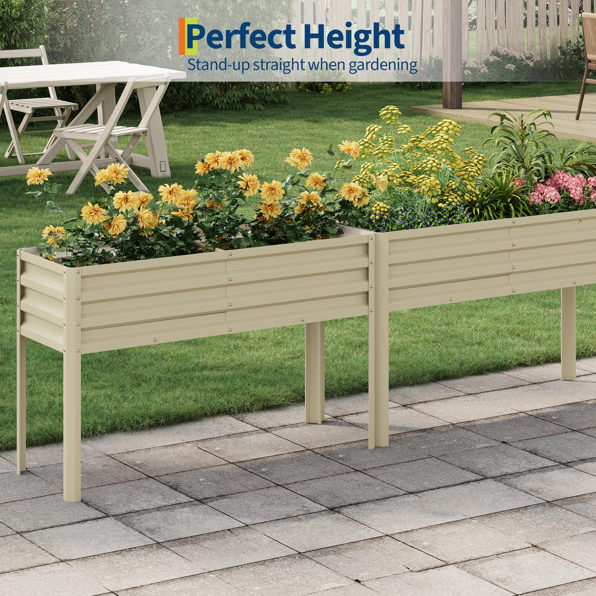 Garvee Cama de Jardín Elevada Galvanizada con Sistema de Autorriego, Acero Resistente, Modular, para Huertos y Patios, 81cm, Color Beige