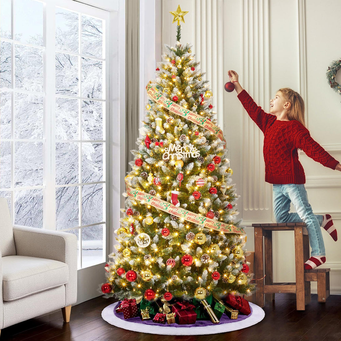 Garvee Árbol de Navidad Artificial con Iluminación LED, Realista, Materiales PVC y PE, 135-270 cm, Decoración para Interior y Exterior