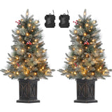 Garvee Árbol Artificial de Navidad 90cm 78 LEDs Cálidos 8 Modos Ajustables Material Ignífugo Base Vintage Batería Interior Exterior Verde Rojo - 90 cm & Árbol de rocío & Maceta de paréntesis & 2