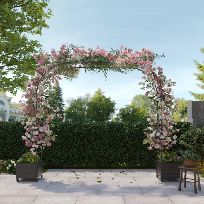Garvee Arco de Jardín con Jardinera y Ruedas 220x240 cm, Set de Cama de Cultivo Profunda con Enrejado para Plantas Trepadoras, PP Resistente, Negro