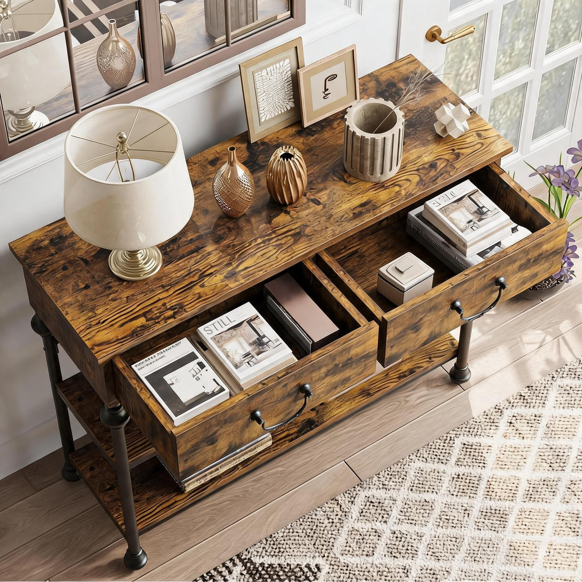 Garvee Mesa Consola para Entrada con 2 Cajones y Estantes, Estilo Industrial Moderno, Madera MDF y Metal, para Pasillos y Salas, 100 × 30 × 80 cm, Vintage