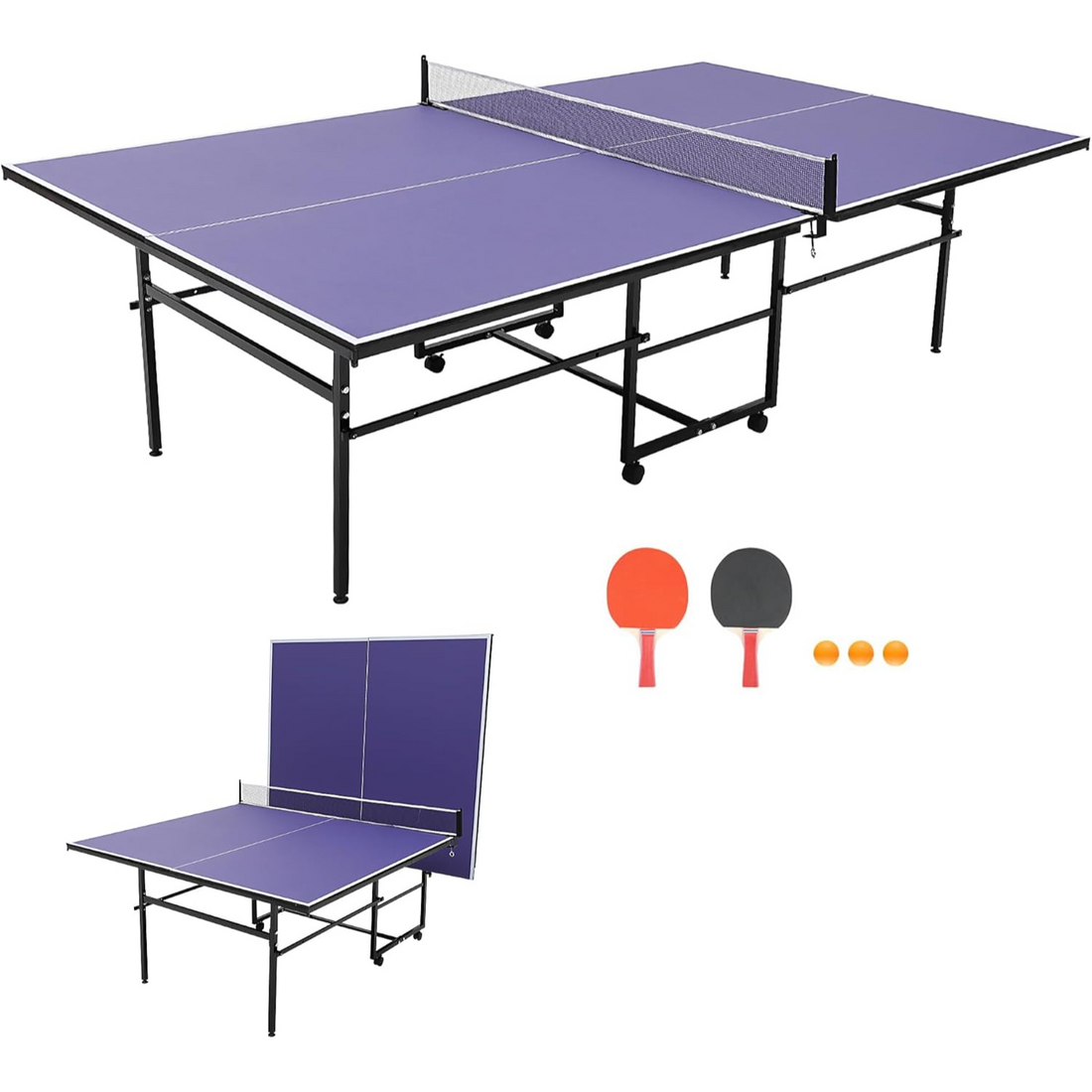 Garvee Mesa de Ping Pong Profesional de 9 Pies (274 cm), Tablero MDF de 12 mm con Red, Mesa de Tenis de Mesa Plegable para Interior con Ruedas y Modo Entrenamiento Individual, Azul