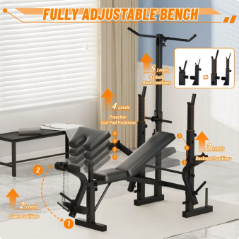 Garvee Banco de Pesas Ajustable 5 en 1 para Gimnasio en Casa, Plegable, 771 kg, Negro Mate