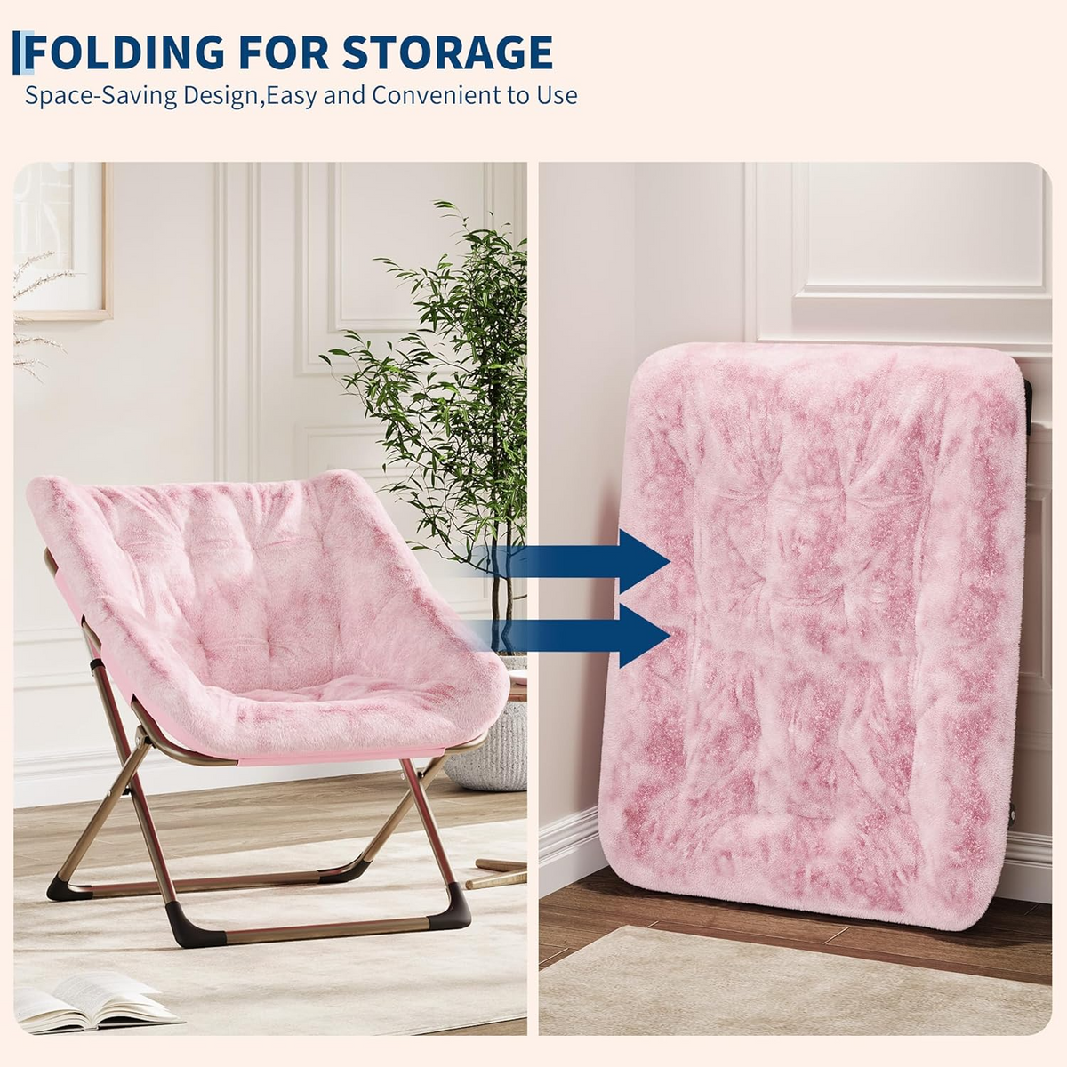 Garvee Silla Saucer de Piel de Conejo Plegable con Marco Metálico para Dormitorio y Sala, Rosa, Soporta 136 kg, Diseño Ergonómico