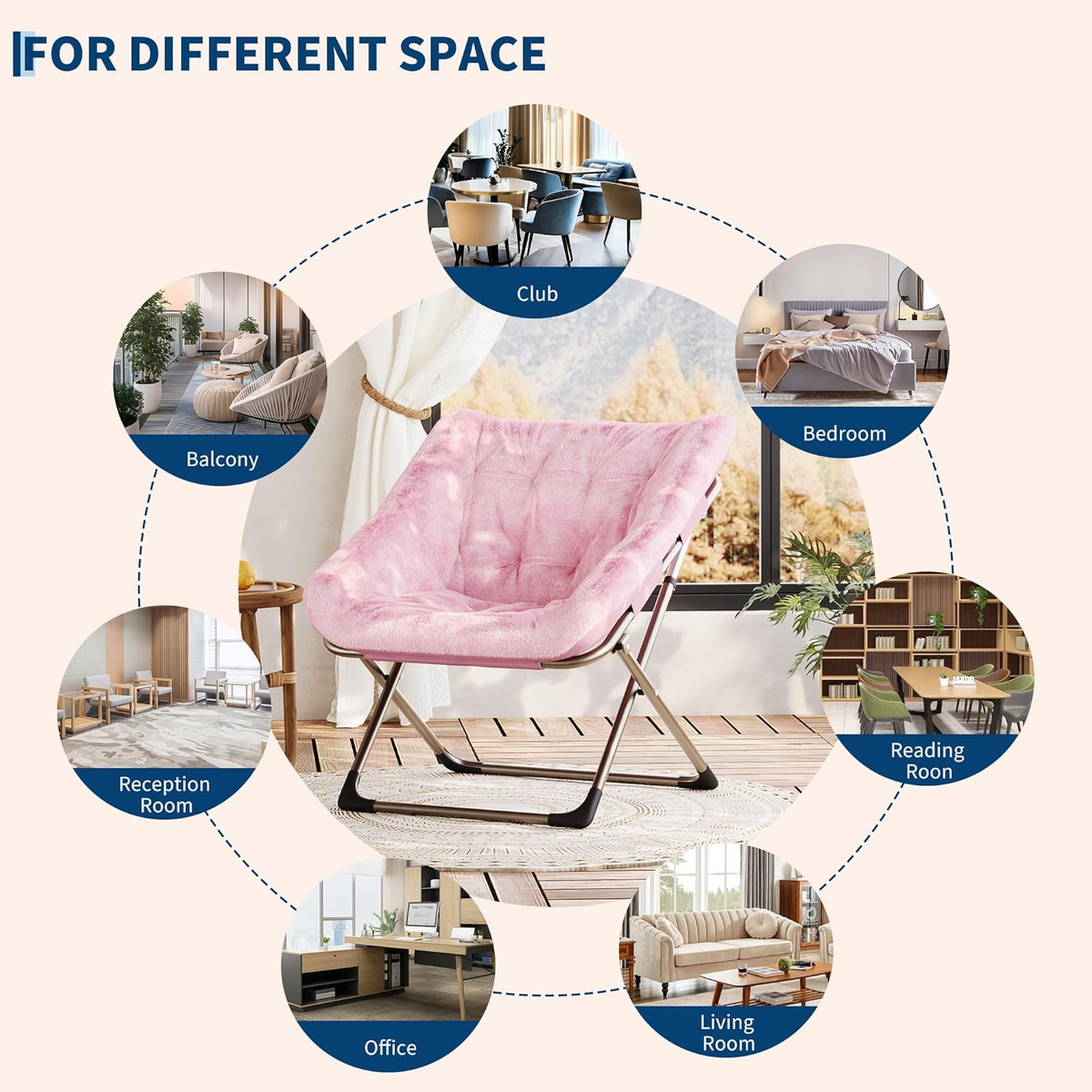 Garvee Silla Saucer de Piel de Conejo Plegable con Marco Metálico para Dormitorio y Sala, Rosa, Soporta 136 kg, Diseño Ergonómico