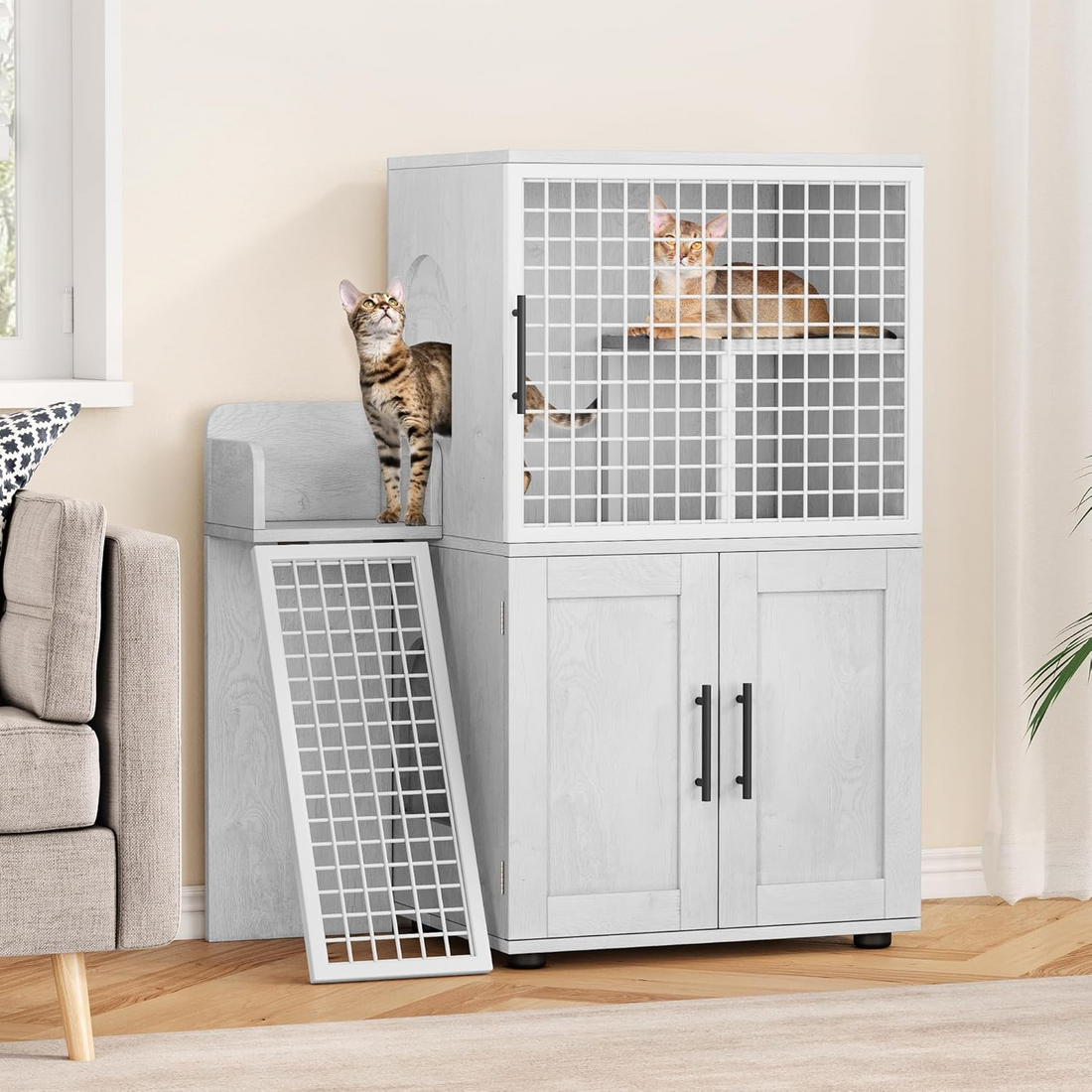 Garvee Mueble para Arenero de Gato Tipo Villa, Casa para Gatos de Madera con Escalera y Área de Juego, Gabinete de Arena Cerrado con Orificios de Ventilación, Mueble Decorativo para Mascotas, Blanco Antiguo
