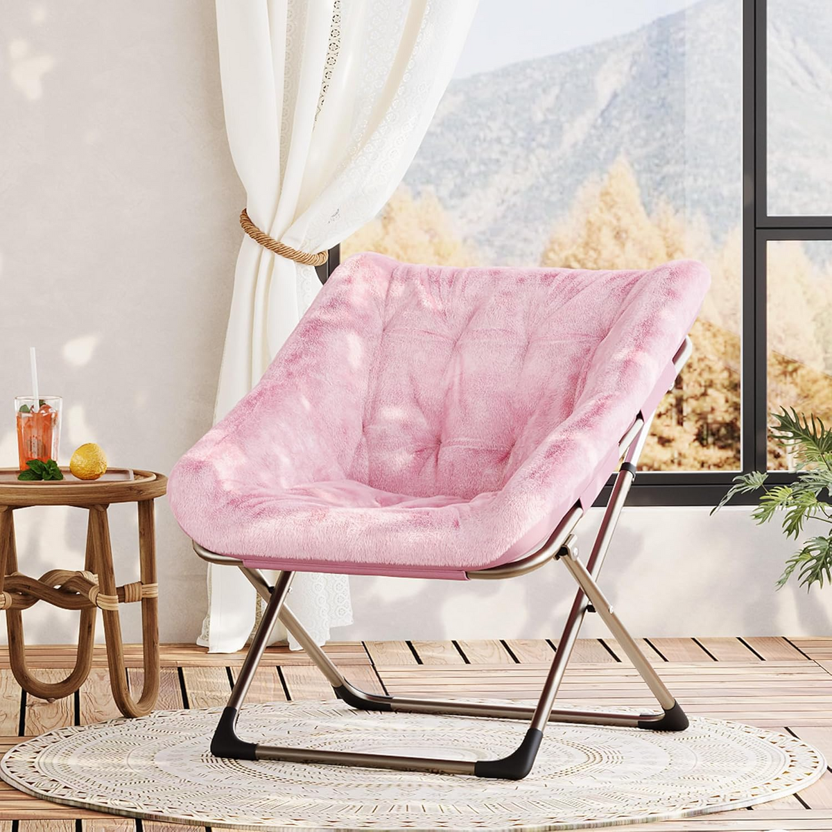 Garvee Silla Saucer de Piel de Conejo Plegable con Marco Metálico para Dormitorio y Sala, Rosa, Soporta 136 kg, Diseño Ergonómico