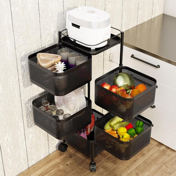Garvee Carro de Almacenamiento Giratorio 5 Niveles Acero Carbono 4 Ruedas para Cocina Sala Niño Cuarto Organiza Frutas Juguetes Negro