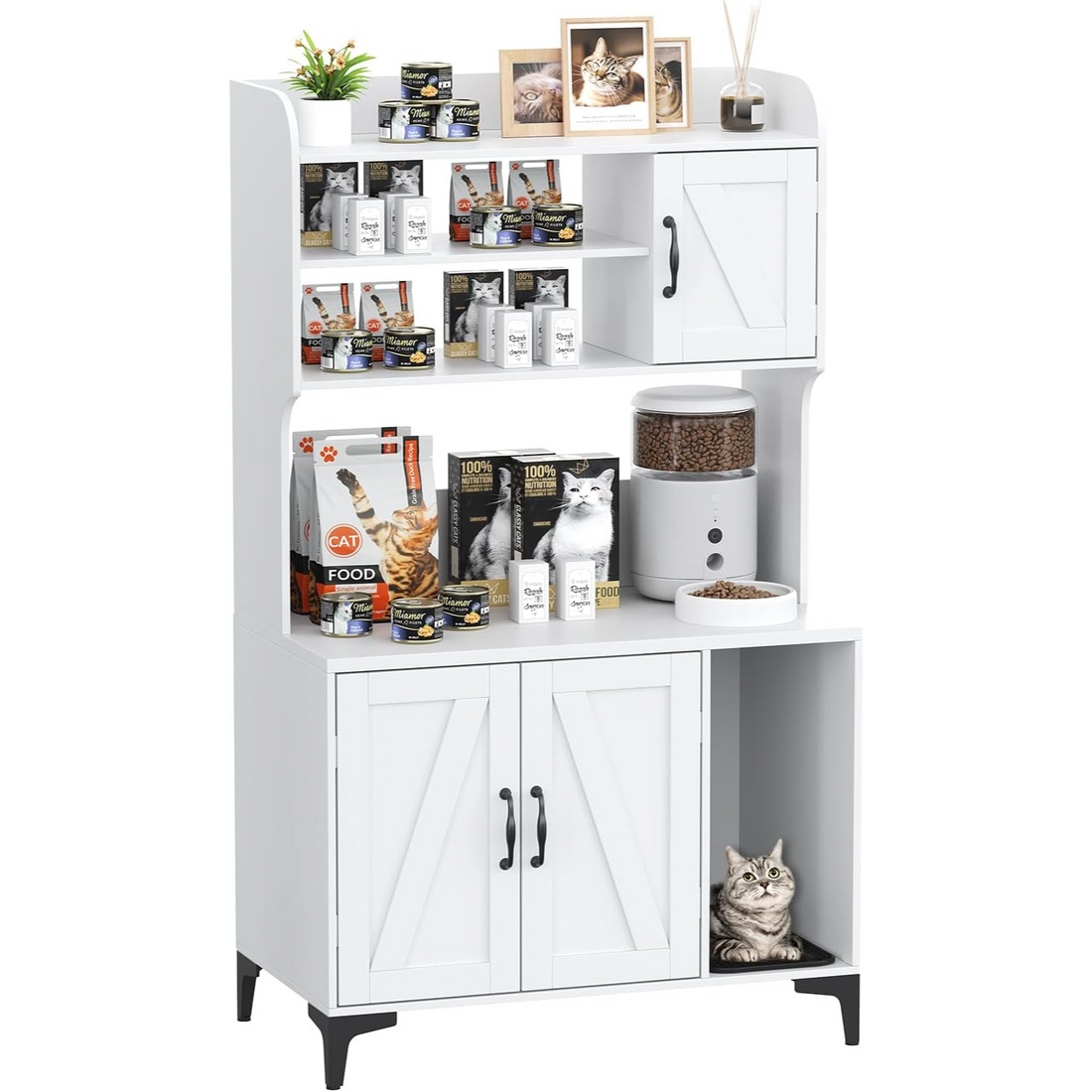 Garvee Mueble para Caja de Arena de Gato Oculta, Armario Grande de 3 Puertas con Estantes de Almacenamiento, Casa para Gatos con Ventilación y Alfombrilla Removible, Diseño Moderno para Sala o Dormitorio, Blanco