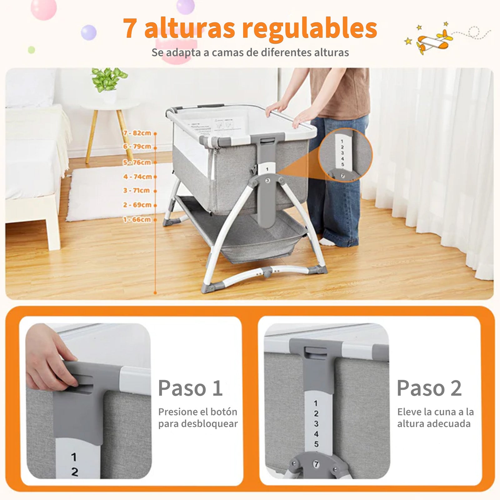 Garvee Cuna Colecho Bebé T-706 4en1 Altura Ajustable Ruedas Colchón Cómodo Plegable Gris EU