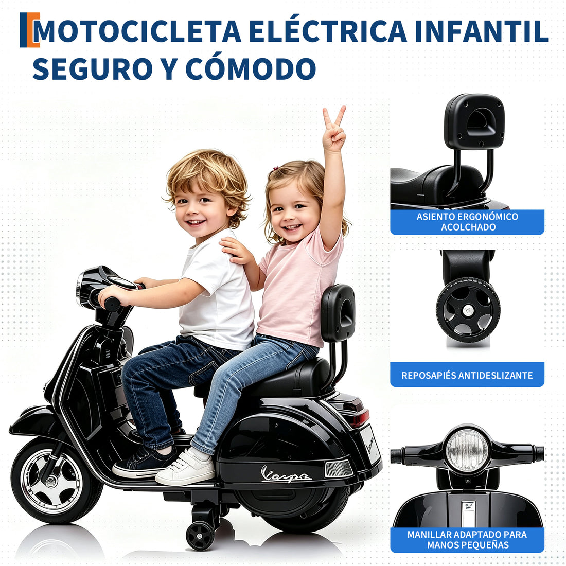 Garvee Moto Eléctrica Infantil Estilo Clásico Vespa 6V 4.5Ah con 3 Ruedas Seguras Faro LED y Música Scooter para Niños Negro