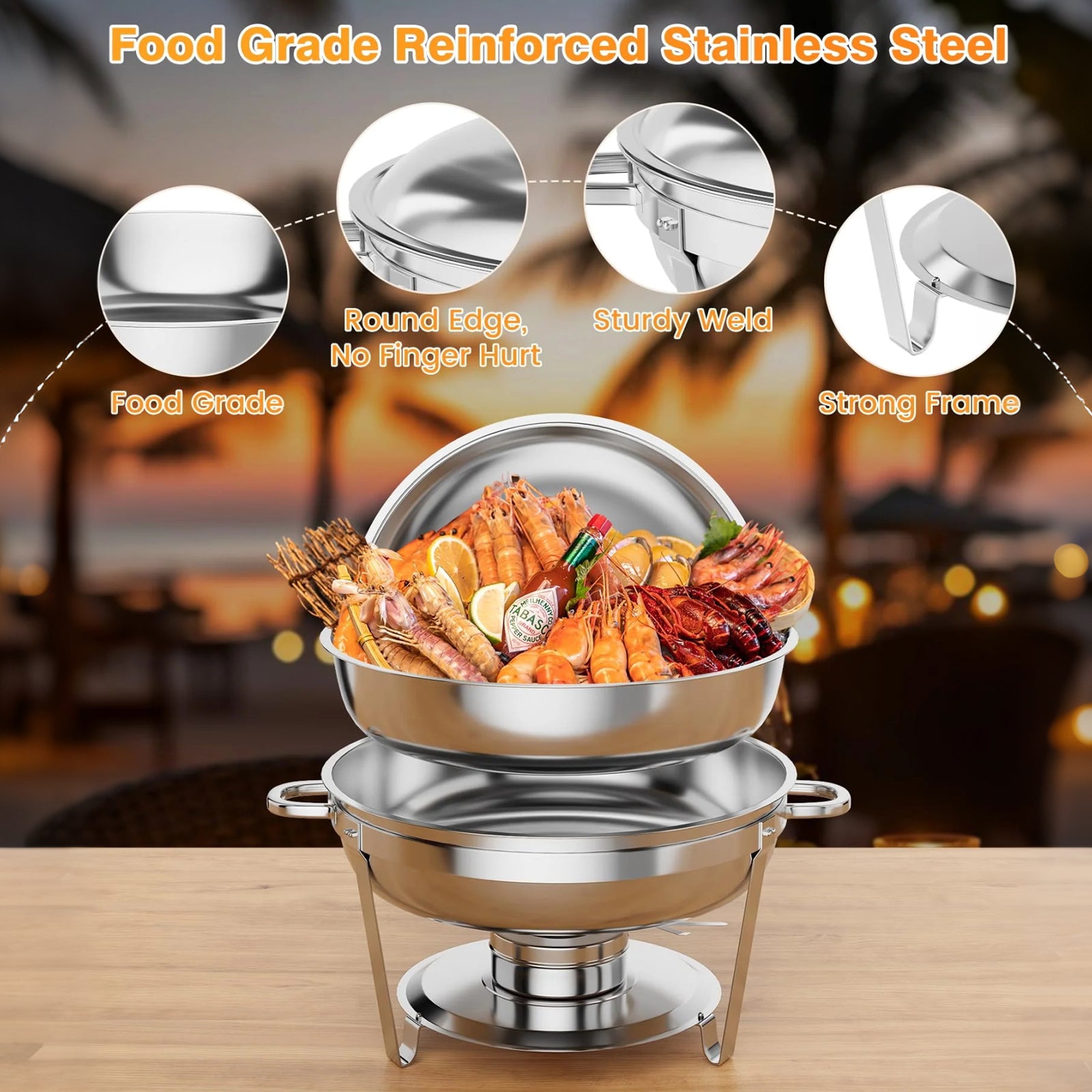 Garvee Set de Buffet Chafing Dish Redondo de Acero Inoxidable 201, 5L, Desmontable, 6 Piezas, Mantiene Temperatura, para Catering y Bodas