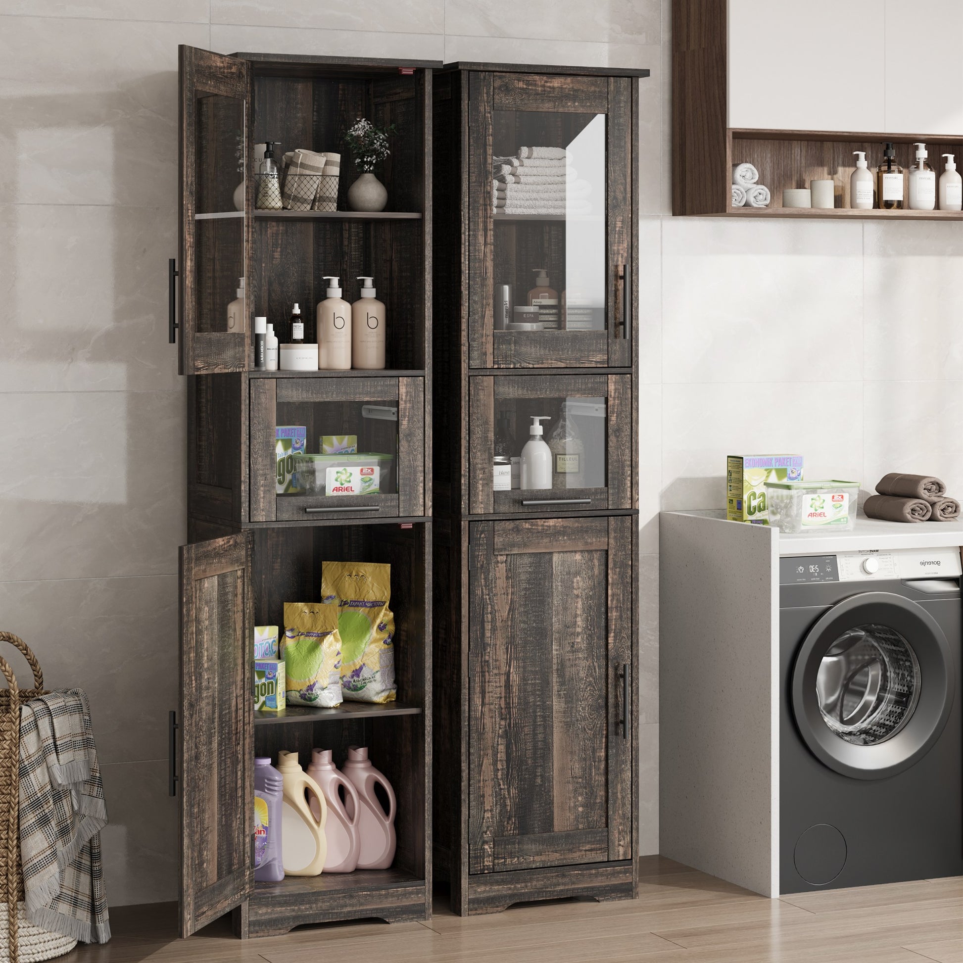 Garvee Armario Alto 170 cm Madera MDF Puerta Vidrio Templado Para Baño Cocina Diseño Compacto Blanco