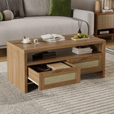 Garvee mesa de Café Boho 102 cm con Almacenaje, Rattan y MDF, 2 Cajones, Estilo Mid Century, Compacta para Sala y Apartamento