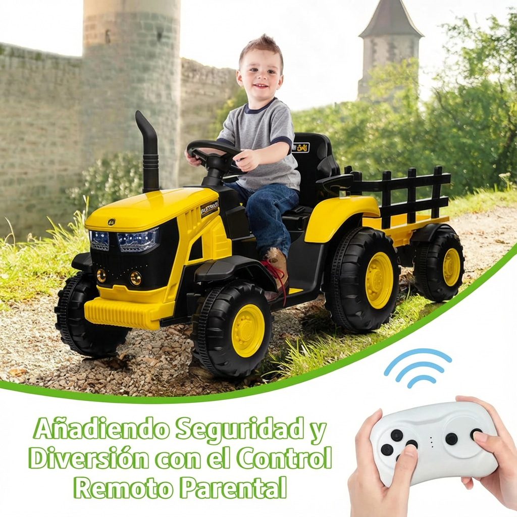 Garvee Tractor Eléctrico Infantil 12V con Remolque y Control Remoto - Amarillo