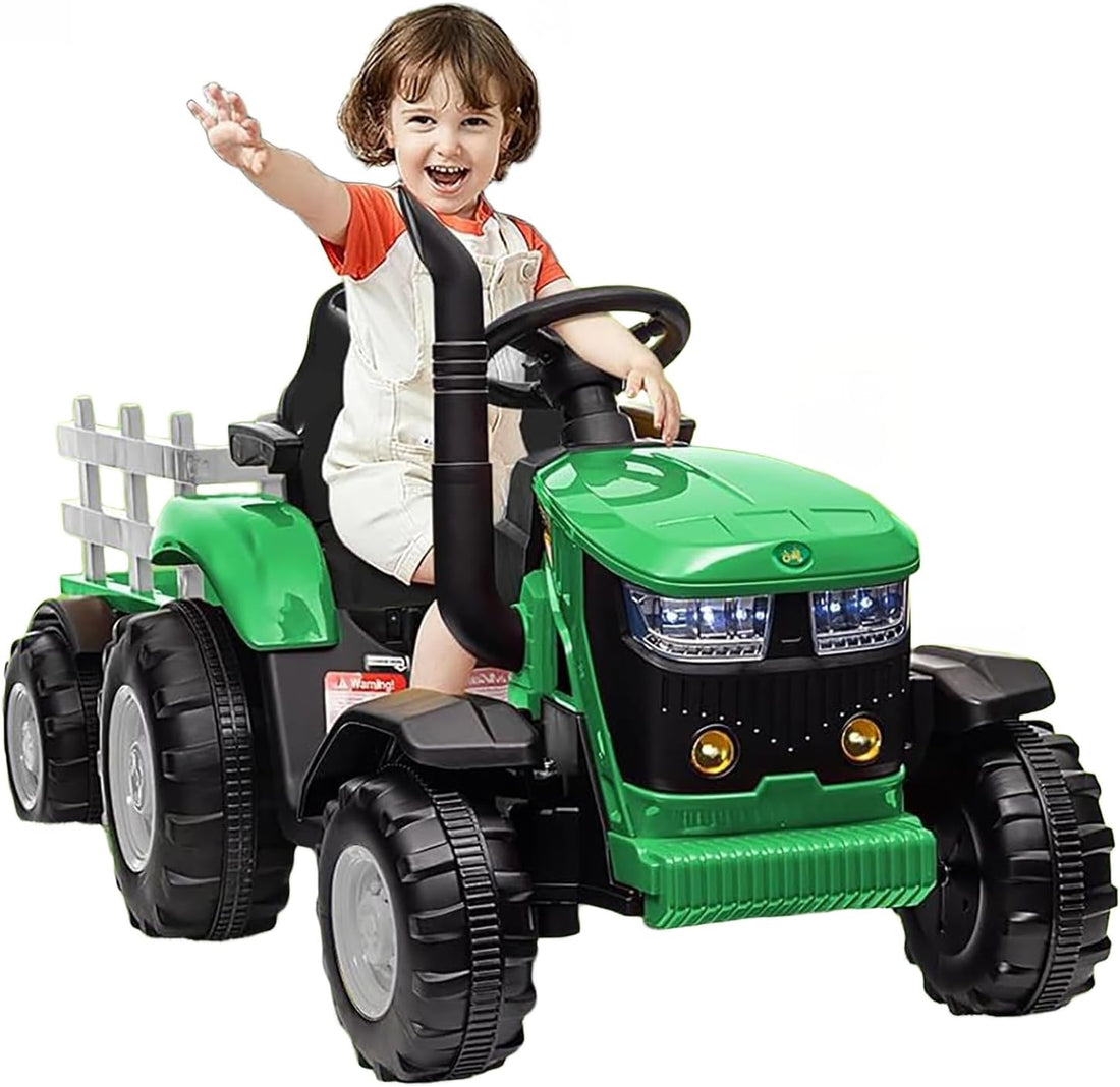 Garvee Tractor Eléctrico 12V para Niños con Remolque Desmontable Doble Motor 35W Control Remoto 3 Velocidades Luces LED 6 Ruedas Verde
