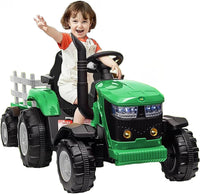 Garvee Tractor Eléctrico 12V, Doble Motor 35W, Remolque Desmontable, 6 Ruedas Goma, Control Remoto, 3 Velocidades, Luces LED, 3-6 años, Jardín, Verde