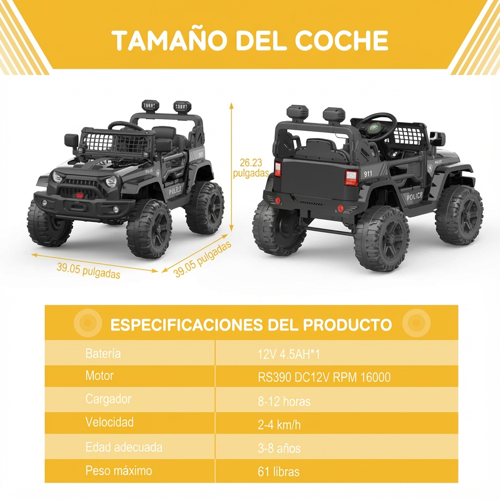 Garvee Coche Eléctrico 12V, Control Remoto, Suspensión, Luces LED, 2 Velocidades, Seguridad, 3-6 años, Interior y Exterior, Negro